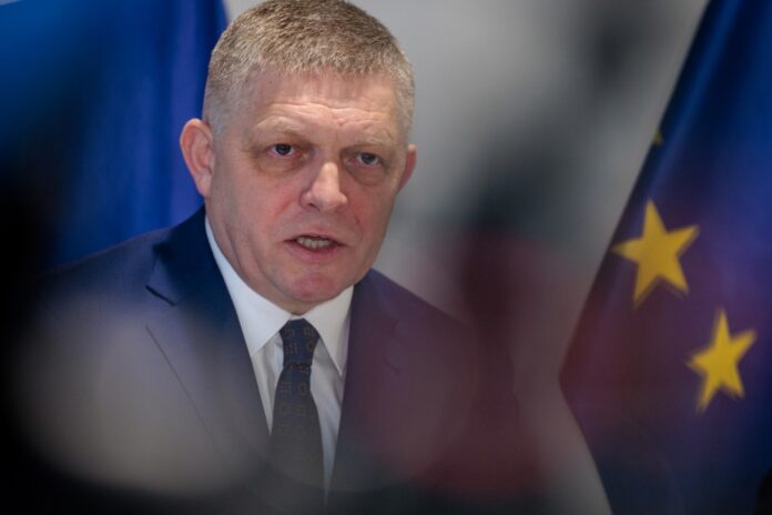 Slovakia's Prime Minister Robert Fico holds a press conference in Brussels