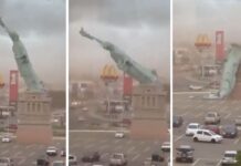 Силен ветер ја урна 24-метарската реплика на Статуата на слободата во Бразил/ВИДЕО