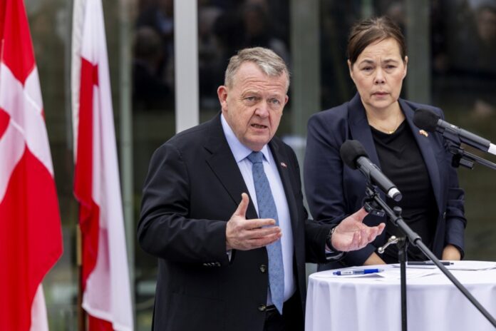 Danish Foreign Minister Lars Lokke Rasmussen and Greenland’s Foreign Minister Vivian Motzfeldt deliver remarks to the news media following their meeting with US Vice President JD Vance and Secretary of State Marco Rubio
