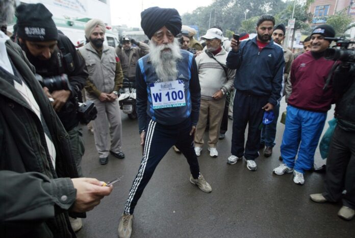 Fauja Singh the 100 years old British centenarian marathon runner of Indian Sikh origin runs as he takes part in the promotional, 'Run for the City' event held in the northern Indian city of Amritsar.
