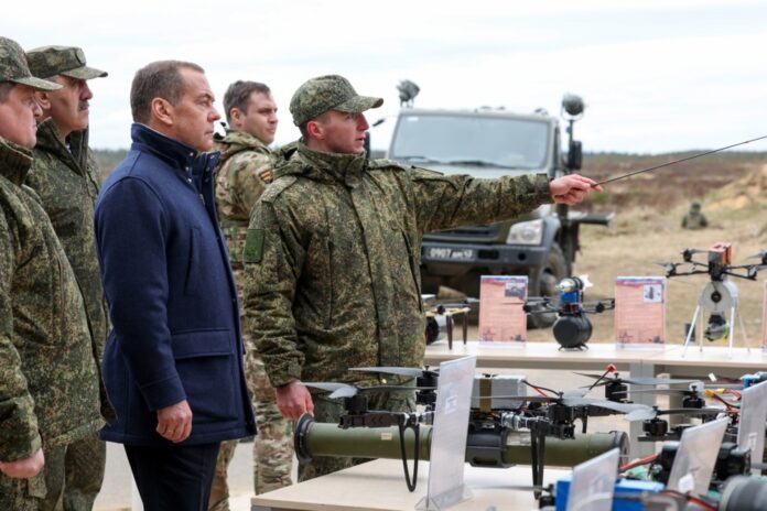 Deputy Chairman of the Russian Security Council Dmitry Medvedev visits military training centre near St. Petersburg
