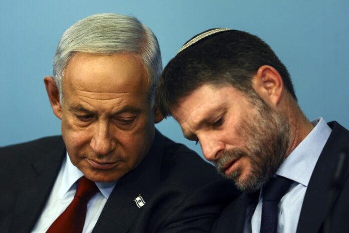 Israeli Prime Minister Benjamin Netanyahu and Israeli Finance Minister Bezalel Smotrich hold a news conference