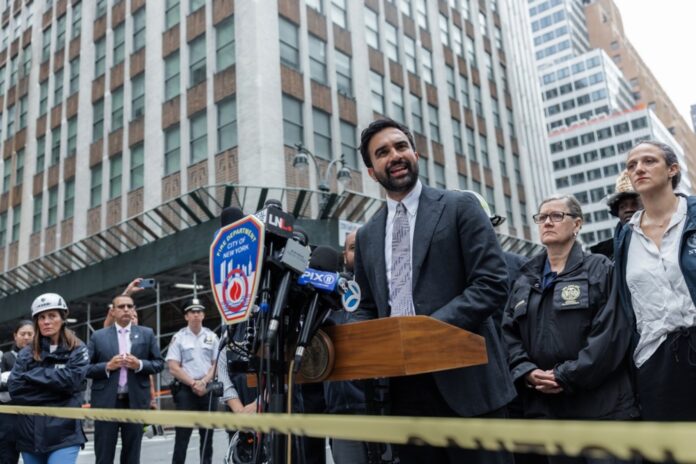 Emergency services respond to a 38-story Midtown Manhattan building