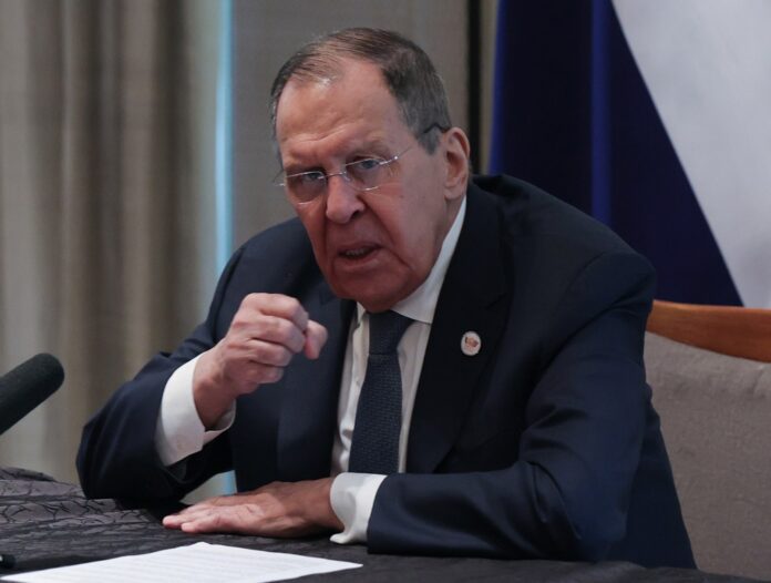Russian Foreign Minister Sergey Lavrov addresses a press conference in New Delhi