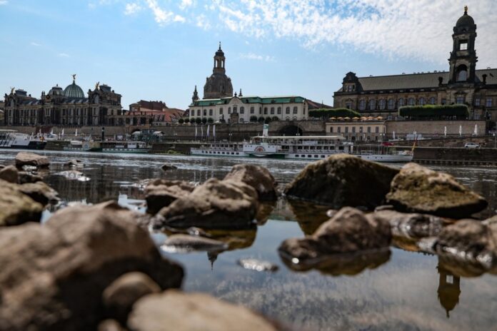 Severe drought and extreme heat expose dried riverbed of the Elbe in Dresden