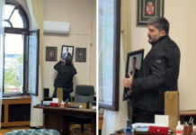 Портретот на Вучиќ отстранет од кабинетот на градоначалникот на Крагуевац/ВИДЕО