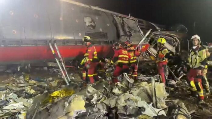 Recovery operation at the site of two high-speed train collision in Spain